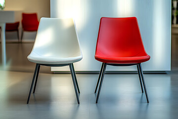 the white chair and a red chair on an off-white, Job requite, we are hiring chair, now we are hiring, position hiring, job interview, seat are open for hiring