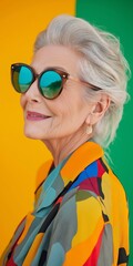 Obraz premium A woman with a colorful outfit and sunglasses is smiling. The sunglasses have a blue tint and are on her face