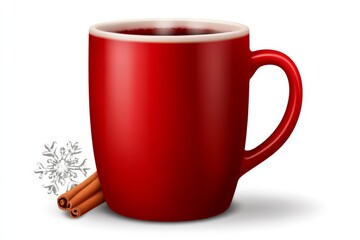 Classic red mug filled with warm black coffee garnished with a cinnamon stick placed on a snowy white background with subtle red and gold winter accents