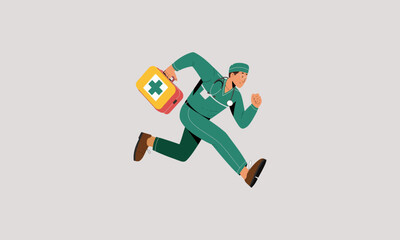 Running doctor with first aid kit, ready for emergency help.