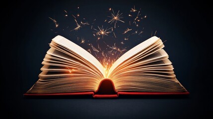 An enchanting open book with glowing pages and sparkling magic, symbolizing the power of knowledge and imagination.
