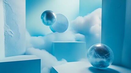 Abstract Blue and White Scene with Geometric Shapes and Clouds