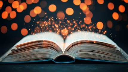 An open book with glowing pages and magical sparks, symbolizing knowledge and imagination in a whimsical atmosphere.
