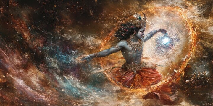 Mythological Krishna in a fierce cosmic battle, wielding the Sudarshan Chakra, his form larger than life as he strikes down his enemies with divine power and celestial light