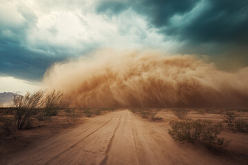A massive sandstorm approaches a barren desert road under dark, dramatic skies, showcasing the raw power of nature in an arid landscape.