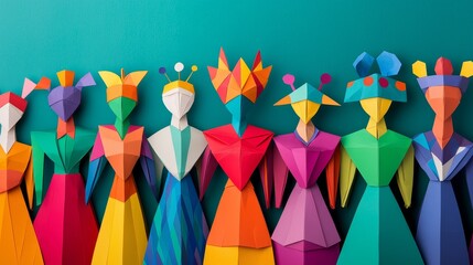 A vibrant display of colorful paper sculptures representing diverse figures and cultures in a stylish arrangement.