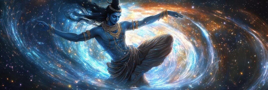Shiva dancing through the cosmos, leading the path to enlightenment, his divine form radiating cosmic wisdom and power, the stars swirling in sync with his movements