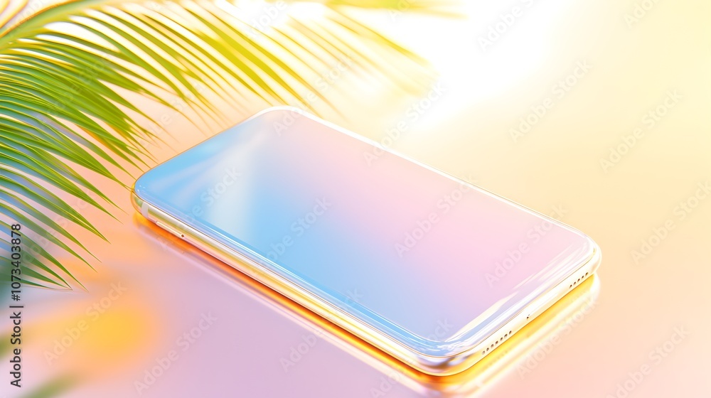 Poster a phone is on a table with a leaf in the background