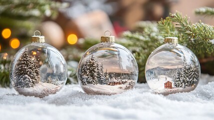 Mini snow globe ornaments made with clear baubles and tiny winter scenes, on a magical snowy background