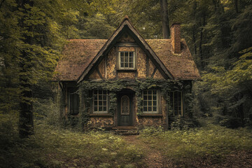 Fototapeta premium Charming, rustic cottage enveloped in lush, green forest foliage, creating a serene and mysterious atmosphere in the heart of nature.