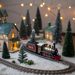 Naklejka premium A charming Christmas train set featuring intricate miniature buildings.