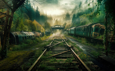Naklejka premium Desolate forest railroad scene with crumbling, rusty train remnants lying amidst wild overgrowth, leading to a distant derelict station—a cinematic glimpse into a forgotten post-apocalyptic world