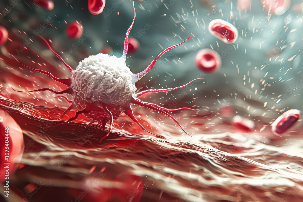 Poster white bug is on a red surface. the bug is surrounded by red blood cells