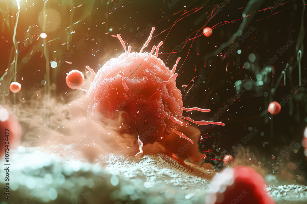 Poster white bug is on a red surface. the bug is surrounded by red blood cells