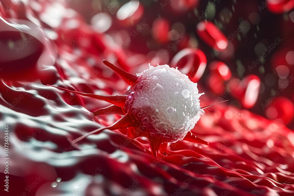 Poster white bug is on a red surface. the bug is surrounded by red blood cells