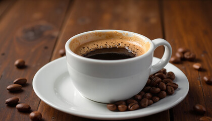 Fototapeta premium Coffee with Foam in White Cup on Saucer with Coffee Beans Around on Wooden Table