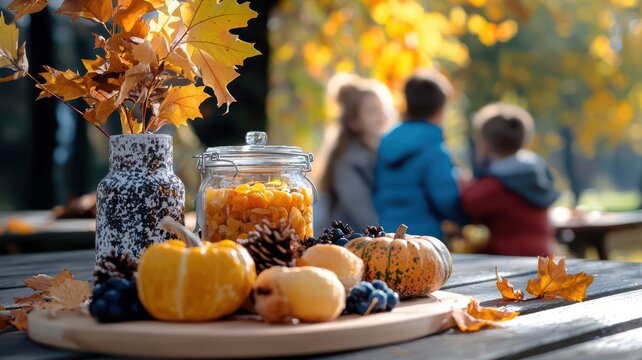 Generous Thanksgiving harvest spread, family gathering outdoors, autumn leaves and sunlight, magical scenery, Thanksgiving, harvest, bounty
