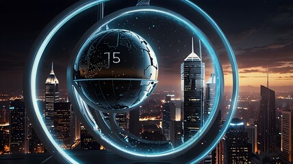 Futuristic cityscape featuring a prominent, modern clock at its center, surrounded by sleek buildings and advanced technology
