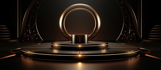 A sleek black podium with gold accents sits in the center of a dark geometrically patterned space