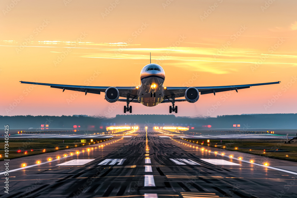 Poster plane is taking off from an airport runway. the runway is lit up with lights, and the sky is filled 