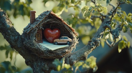 Miniature house nest nestled in a tree branch with a heart symbol, a toy car, and a notepad, representing home, love, and adventure in a serene natural setting.