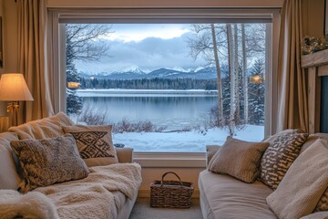 Cozy Living Room with a View of a Snowy Lake and Mountains