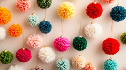 Pom-pom Christmas ornaments in bright holiday colors, on a light background with festive accents