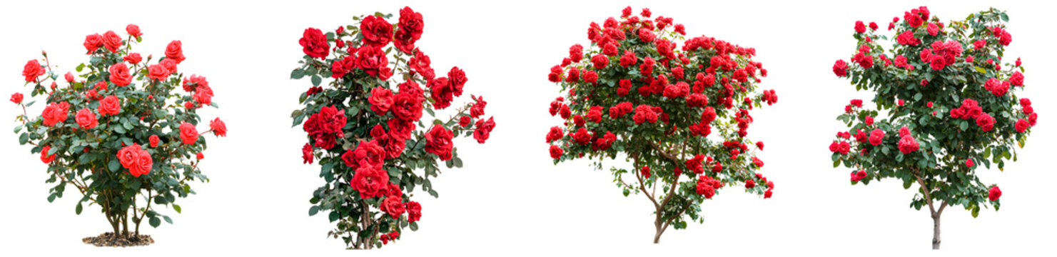 Beautiful red rose bush set blooming in a sunny garden isolated on transparent background