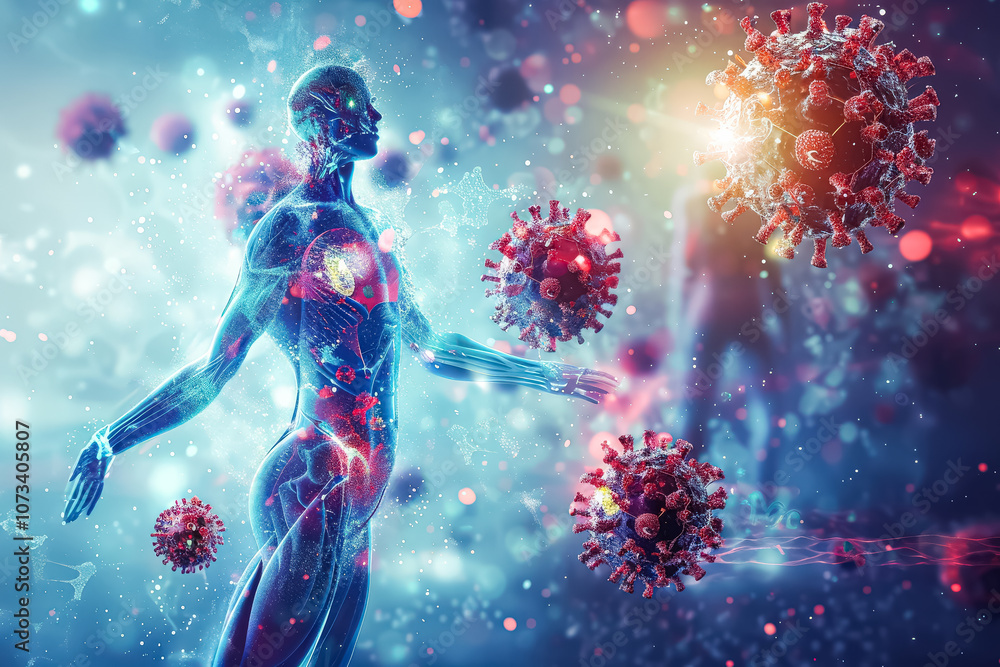 Poster man is shown with a virus in the background. the man is holding his arm up, as if he is trying to pr