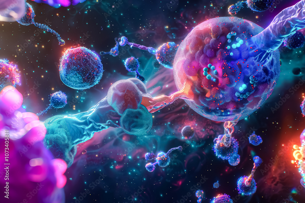 Poster colorful image of many different colored bacteria and viruses. scene is chaotic and overwhelming, wi