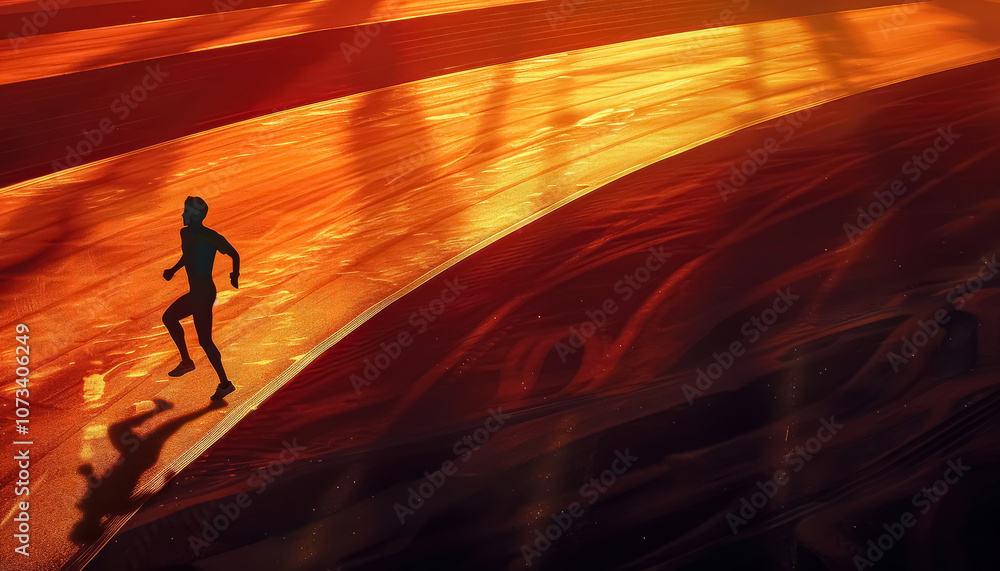 Poster runner is running on a track with a red and orange background. the runner is the main focus of the i