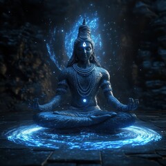 Shiva seated with divine cosmic flow around, spiritual meditation, 3D illustration