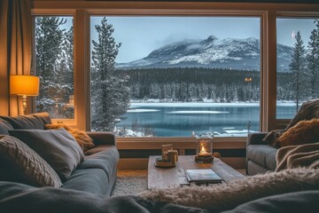 Cozy Living Room with Mountain View and Winter Landscape