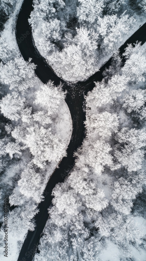 Poster a snowy landscape with a river running through it
