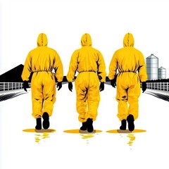 Suit: Workers in bright yellow biohazard suits inspecting barn areas to prevent cross-contamination in high-risk zones.