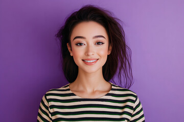 Fototapeta premium Photo of charming positive woman wear striped shirt smiling empty space isolated violet color background