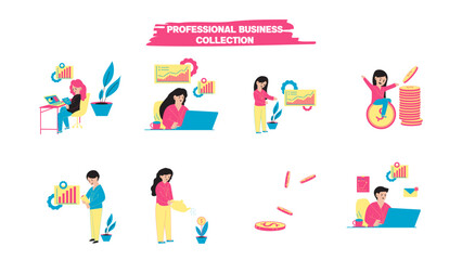 Set of Professional business vector element, people, employee working at office analyzing data Illustration