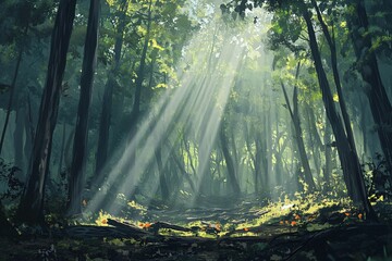 Sunlight filters through trees in a serene forest, illuminating the misty ground during early morning hours