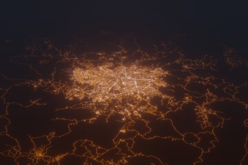 Aerial shot of Tegucigalpa (Honduras) at night, view from south. Imitation of satellite view on modern city with street lights and glow effect. 3d render
