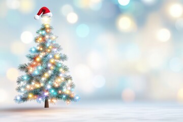 Festive Christmas Tree Adorned With Colorful Lights and a Cheerful Santa Hat in a Festive Design