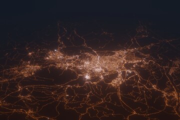 Aerial shot of Daegu (Korea) at night, view from north. Imitation of satellite view on modern city with street lights and glow effect. 3d render