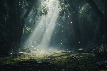 Sunlight filters through trees in a serene forest, illuminating the misty ground during early morning hours