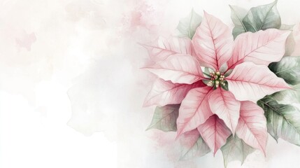 Delicate Pink Poinsettia Watercolor Painting on White Background