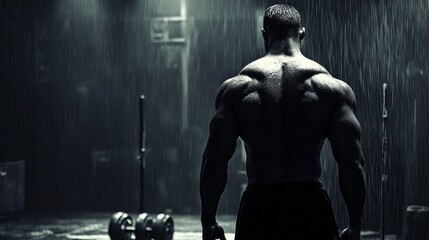 Fototapeta na wymiar A muscular man stands in a gym, back to the camera, in the rain.