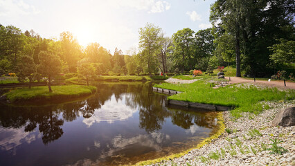 Picturesque Japanese garden with a pond.