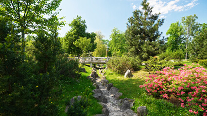 Picturesque Japanese garden with a pond.