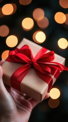 A beautifully wrapped gift box with a red bow, held against a backdrop of soft, glowing lights, evoking warmth and celebration.