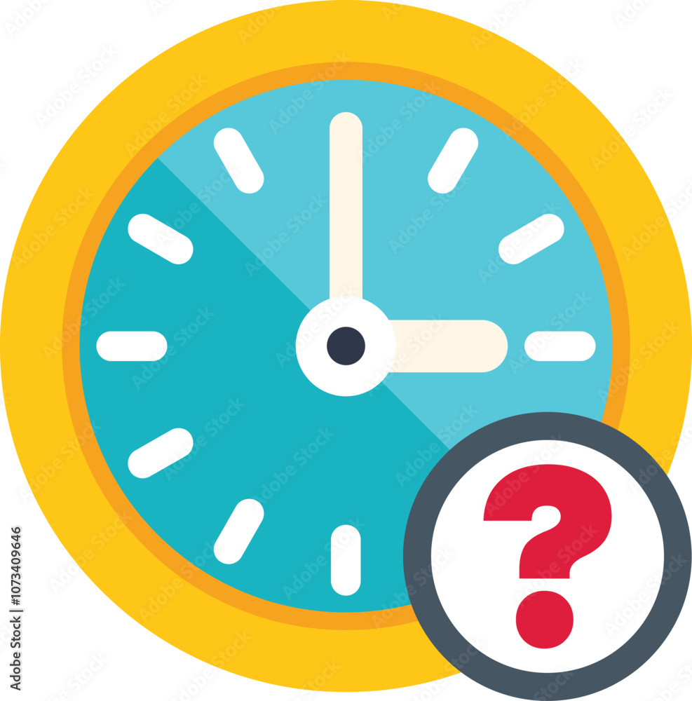 Poster simple colorful icon of a clock face showing the time passing with a question mark