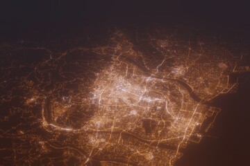 Aerial shot of Taichung (Taiwan) at night, view from north. Imitation of satellite view on modern city with street lights and glow effect. 3d render