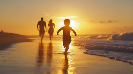 Fototapeta premium Happy family silhouette, Happy family walk on the beach at sunset.